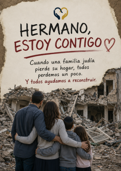 Hermano, estoy contigo — una familia frente a su hogar destruido por el terremoto